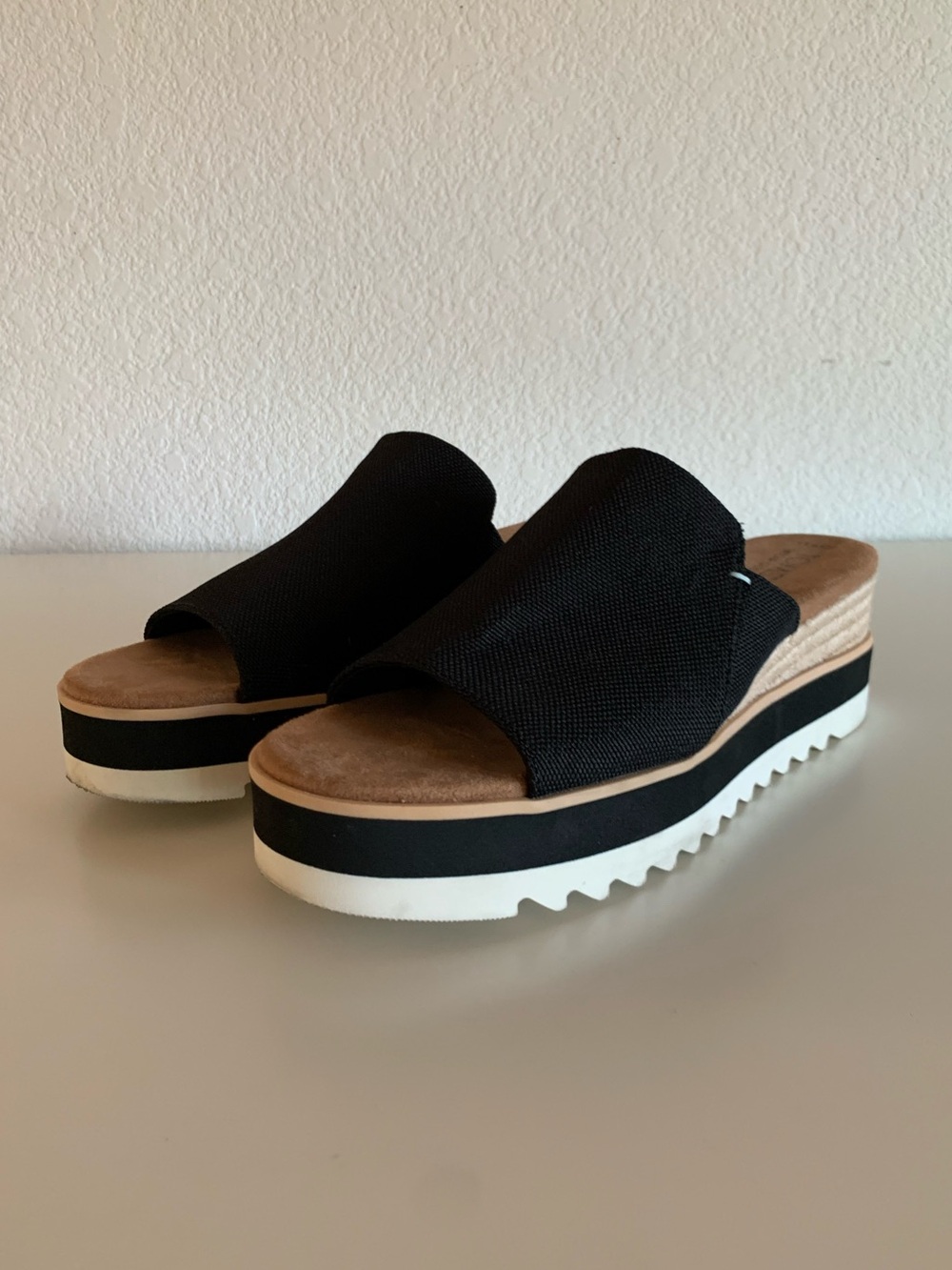 Toms Black Platform Slide Mules with White Sole